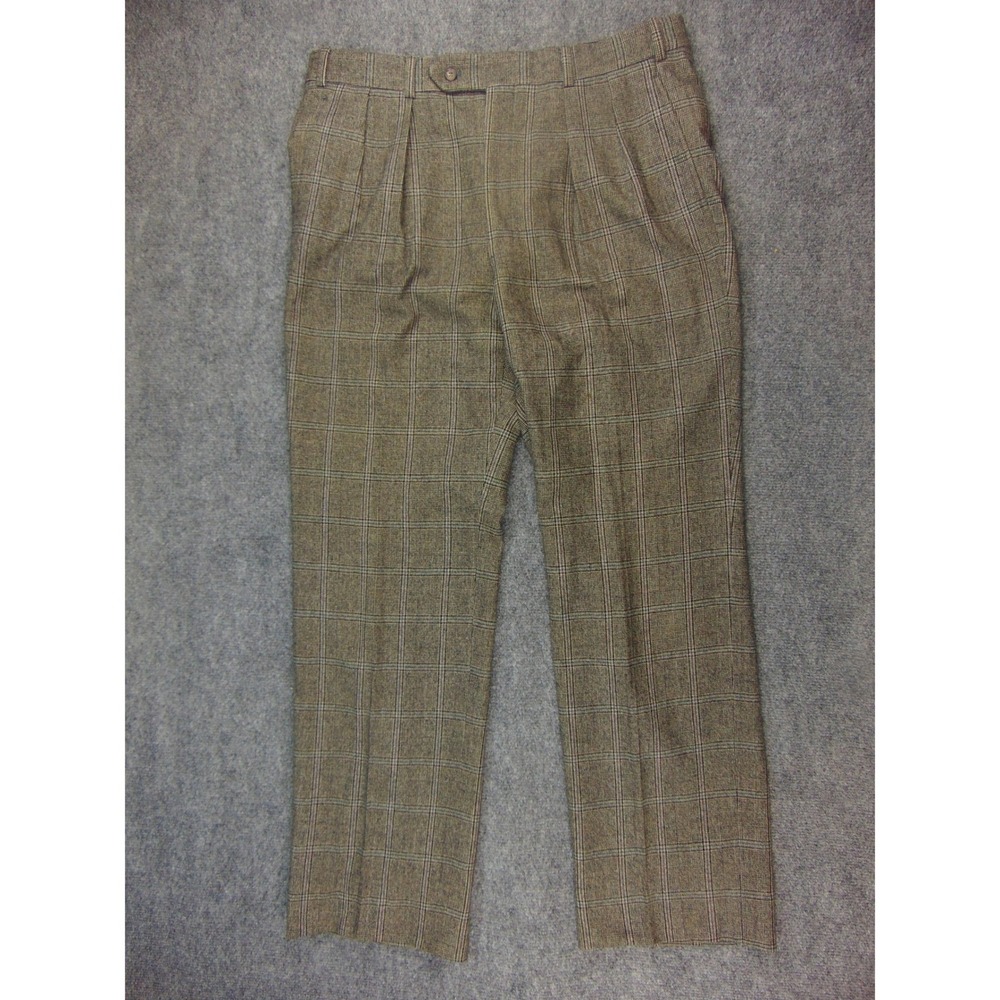 Bullock & Jones Pants Men 36x31 Pleated Brown Plaid Dress Trousers Dark Academia